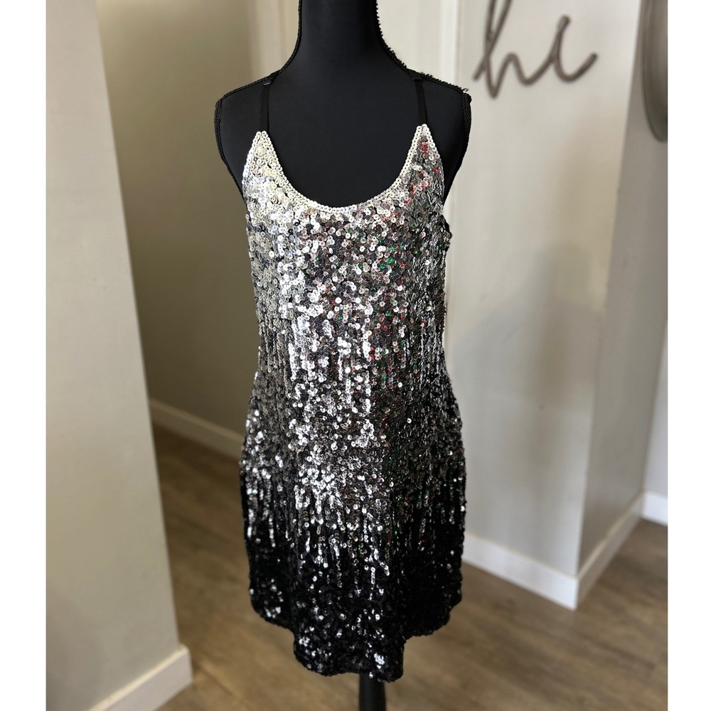 Sequin Ombre Halter Mini Dress Black Silver Gatsby 20s NYE Holiday Party MANER‎